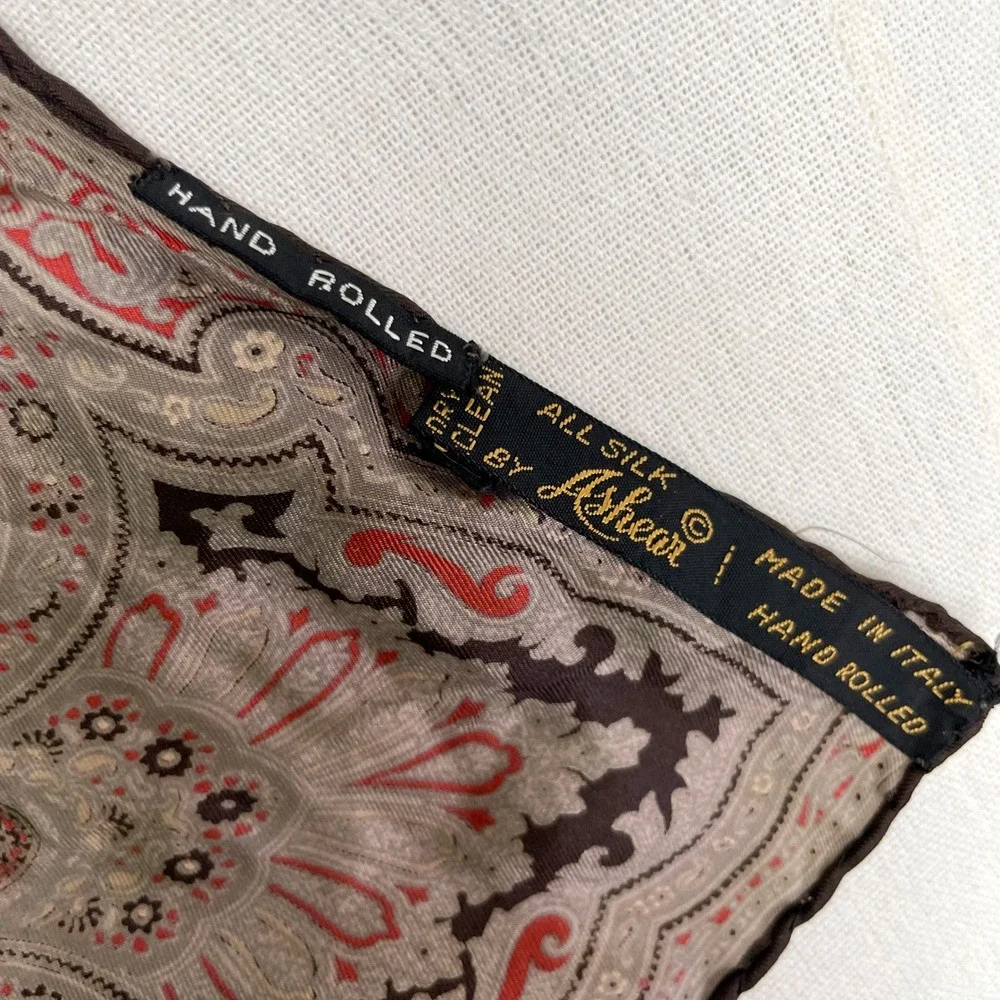 Vintage Silk Square Scarf Italy Hand Rolled Paisley Brown Preppy Old Money